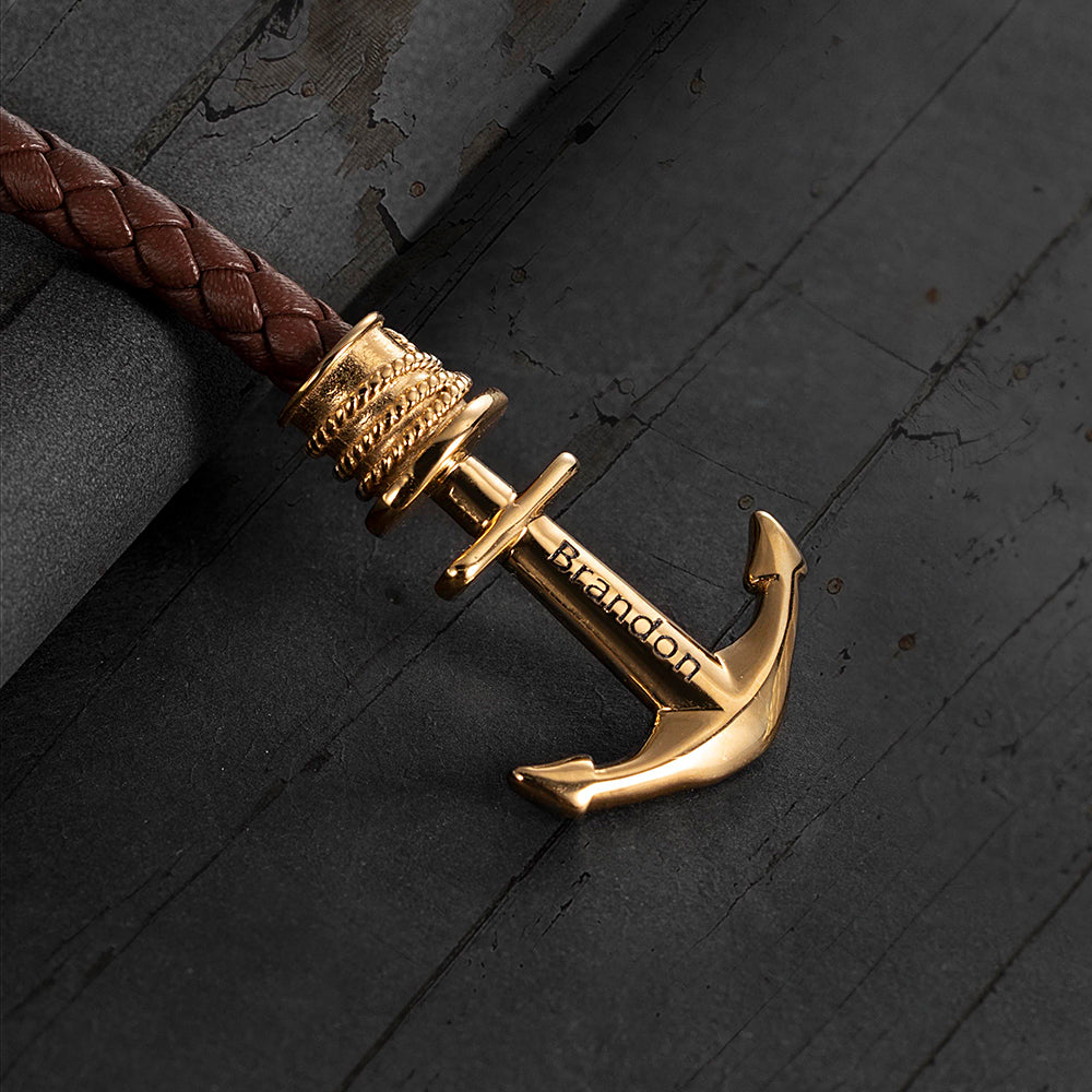 Personalized Men's Anchor Leather Bracelet