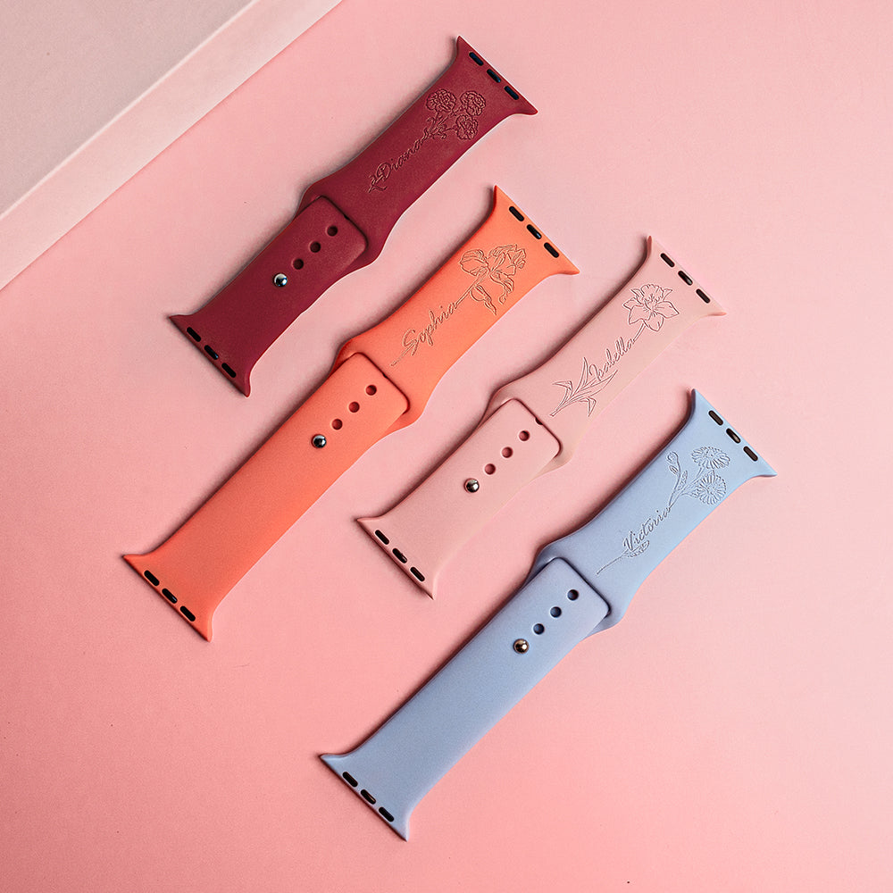 Personalized Birth Flower Name Silicone Watch Band for Apple Watch