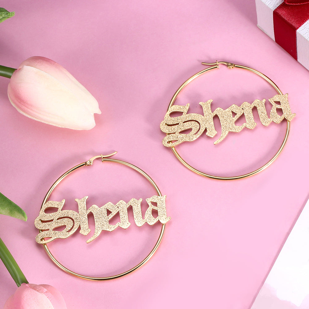 Personalized Old English Sparkling Name Hoop Earrings