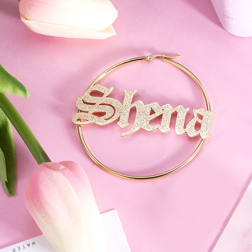Personalized Old English Sparkling Name Hoop Earrings