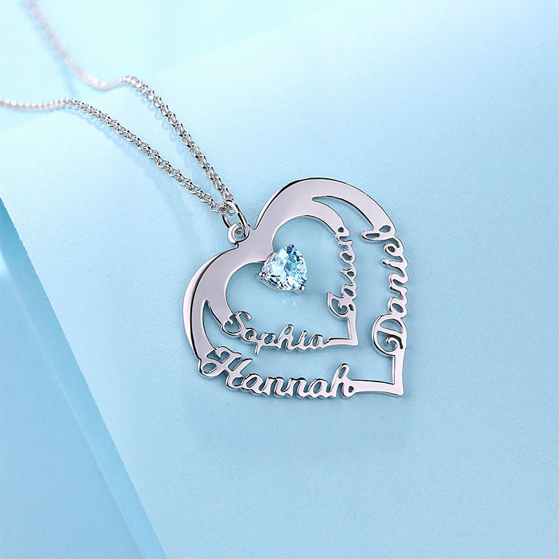 Personalized Heart Necklace with 4 Names & Birthstones in Gold