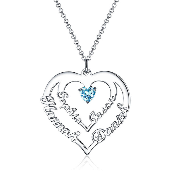 Personalized Heart Necklace with 4 Names & Birthstones in Gold