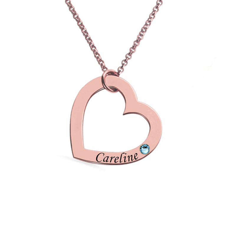 Personalized Name Heart Necklace with Birthstone in Silver