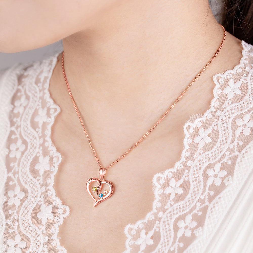 Customizable Heart-Shaped Name Necklace With Birthstones