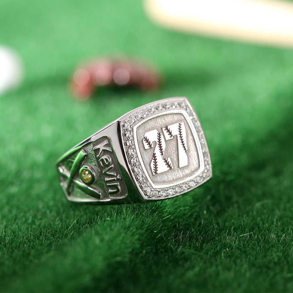 Engraved Baseball Texture Signet Ring with Birthstone