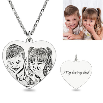 Engraved Heart Shaped Photo Pendant Necklace Silver