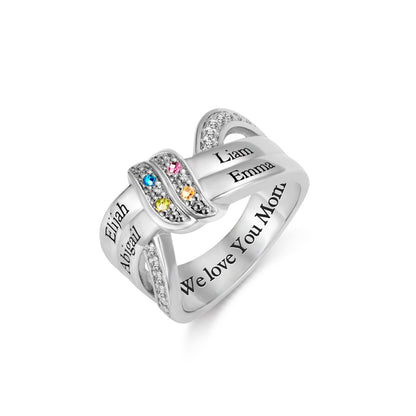 Engraved 4 Names and Birthstones Ribbon Ring with Easy to Read Font