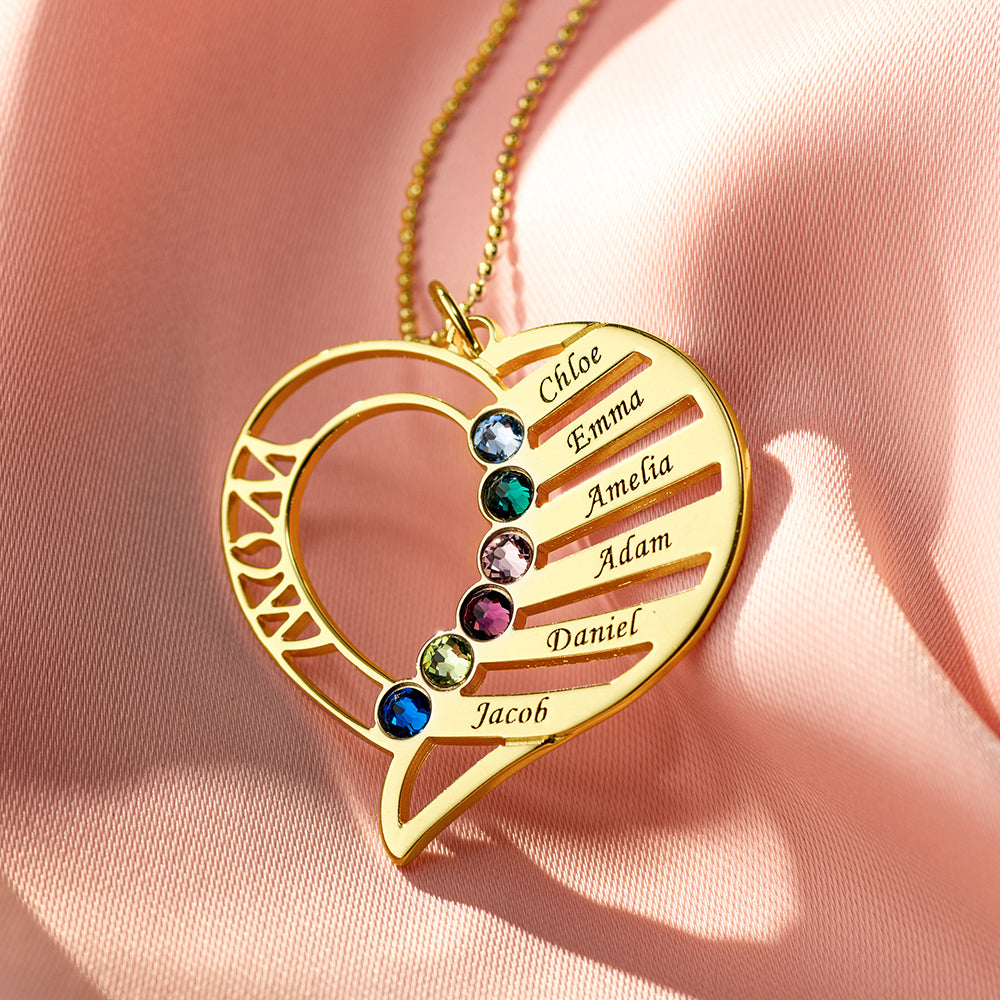 Engraved Heart Mother Birthstones Necklace Sterling Silver