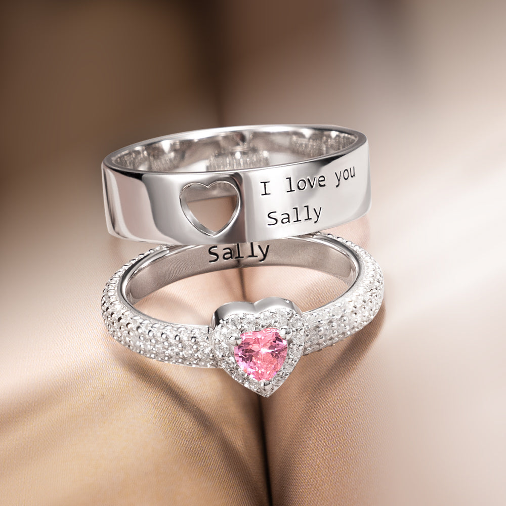 Personalized Heart Birthstone Couple Ring