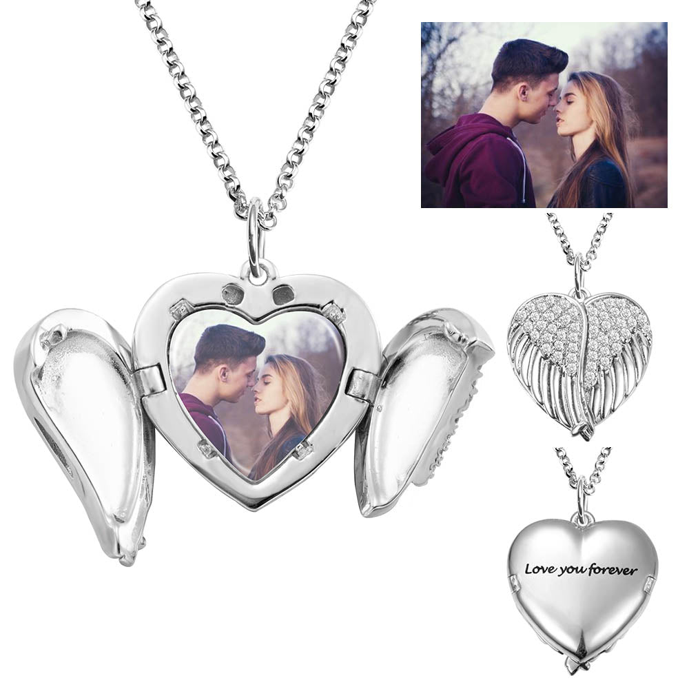 Personalized Angel Wings Heart Photo Locket Necklace Sterling Silver