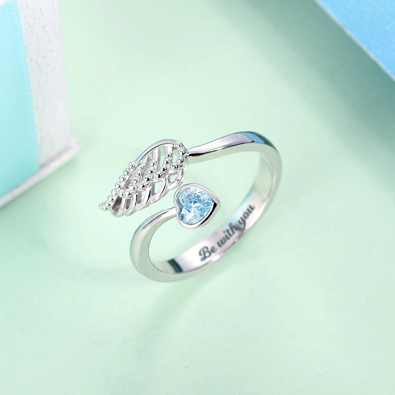 Personalized "Forever by My Side" Angel Wing Ring Sterling Silver