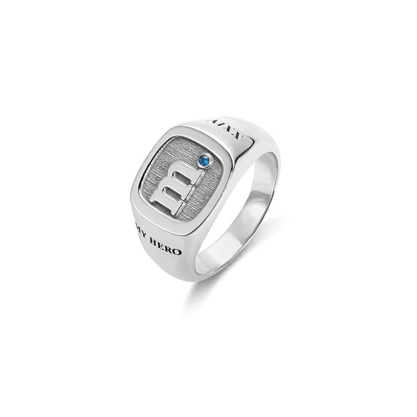 Custom Square Sterling Silver Unisex Initial Signet Birthstone Ring