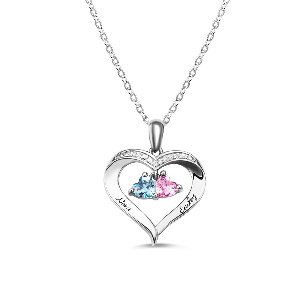 Personalized 2 Heart Birthstones Necklace with Engraving in Silver