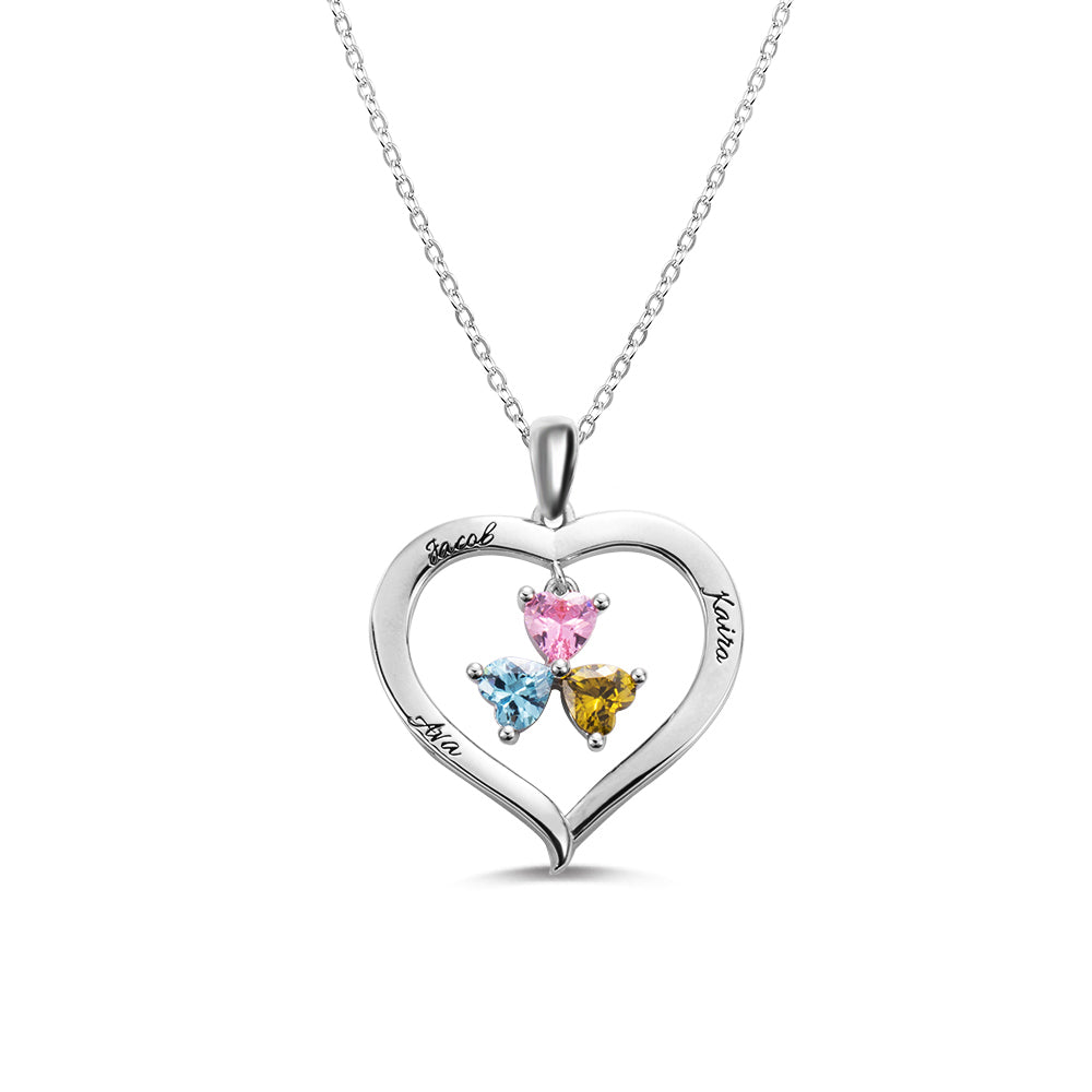 Personalized 3 Heart Birthstones Necklace with Engraving in Silver