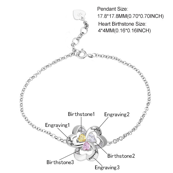 Personalized Three Heart Birthstone Bracelet in Silver