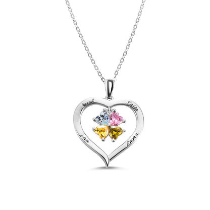 Personalized 4 Heart Birthstones Necklace with Engraving in Silver