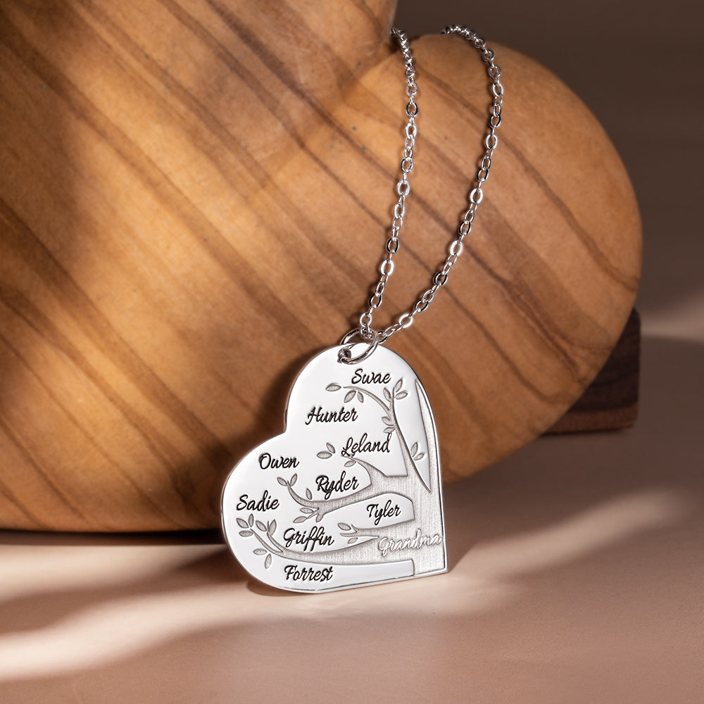 Personalized 1-12 Names Heart Family Tree Necklace Sterling Silver