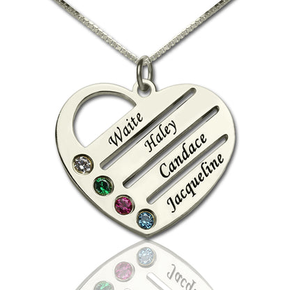 Personalized Mother's Heart Necklace with 4 Birthstones & Names