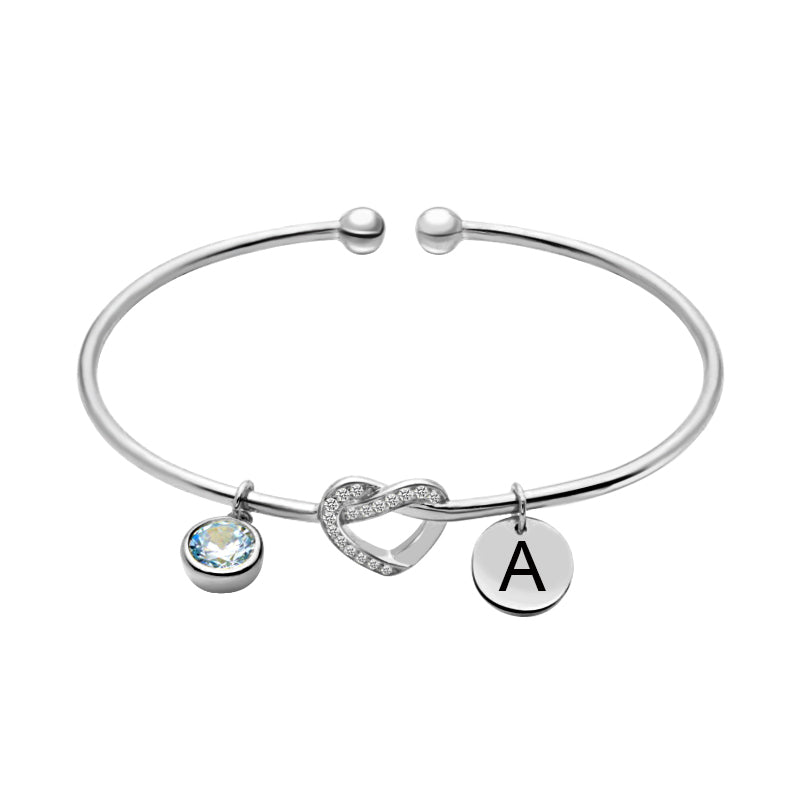 Engraved Heart Bangle with Birthstone in Silver