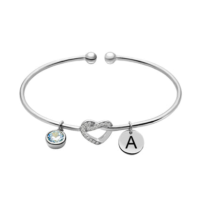 Engraved Heart Bangle with Birthstone in Silver