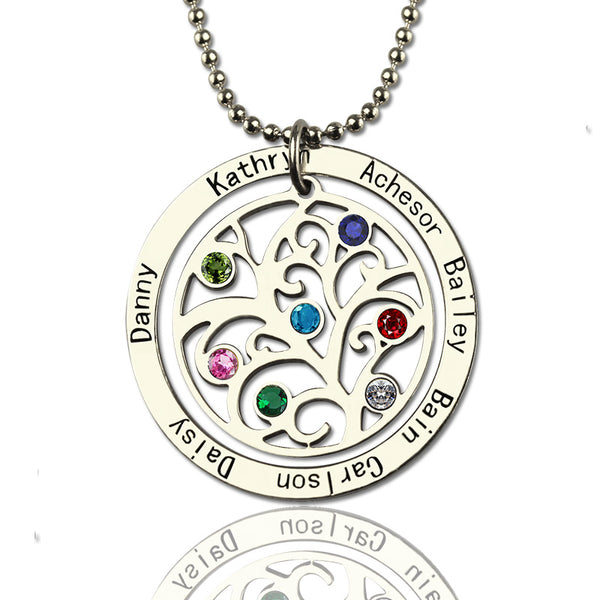 Personalized Circle Family Tree Birthstone 7 Names Necklace
