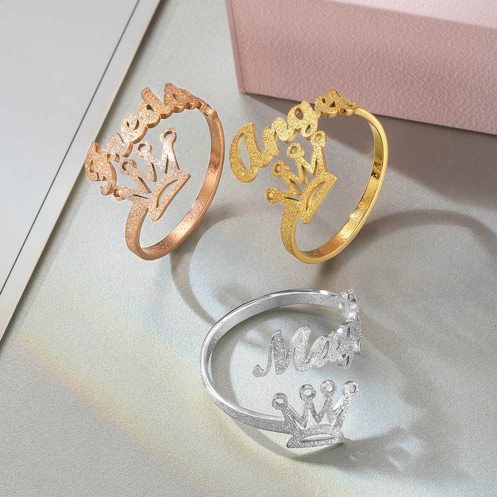 Personalized Crown Name Sand Face Open Ring