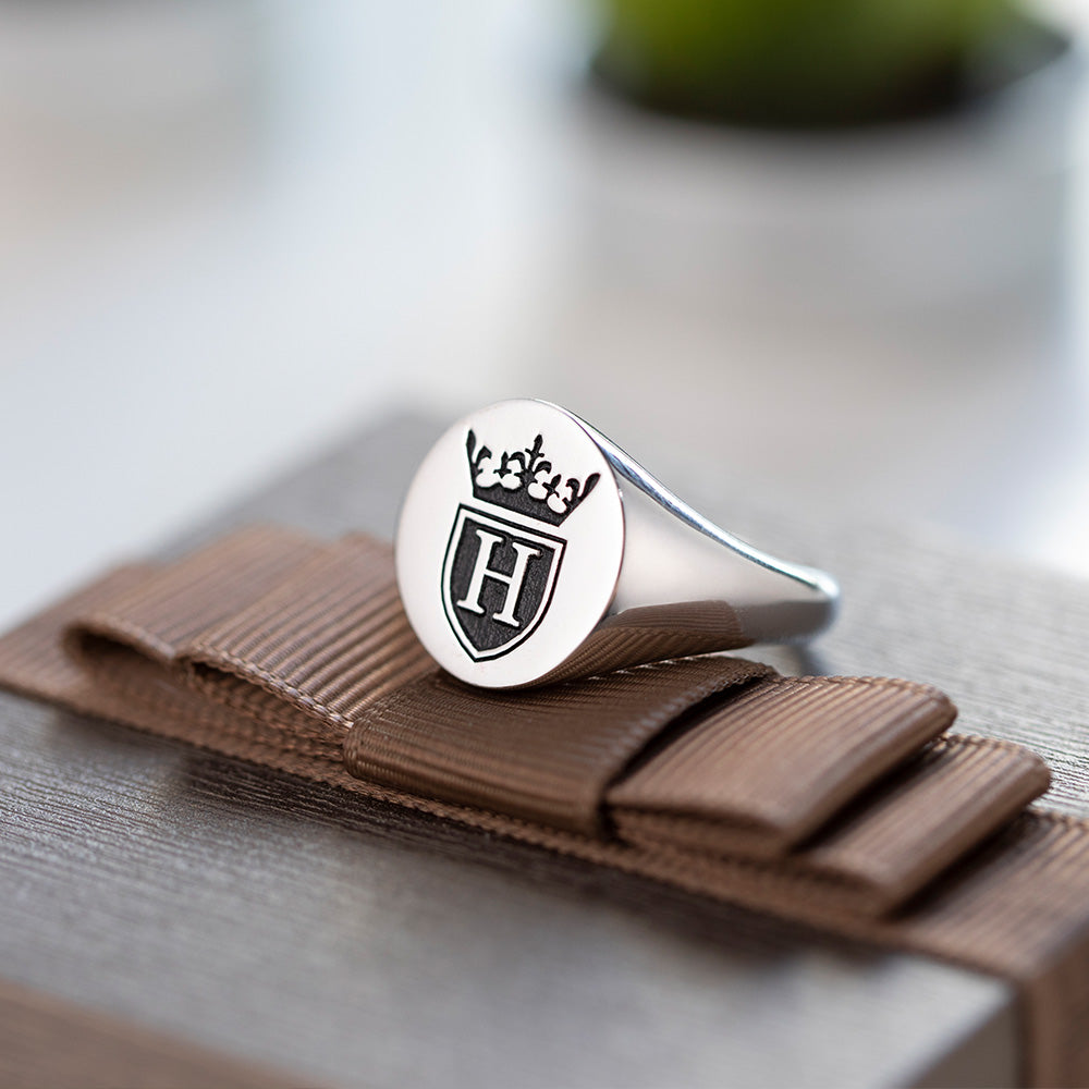Personalized Initial Engraved Signet Ring with a Crown for Man
