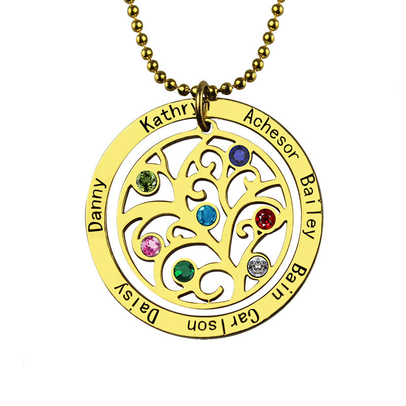 Personalized Circle Family Tree Birthstone 7 Names Necklace