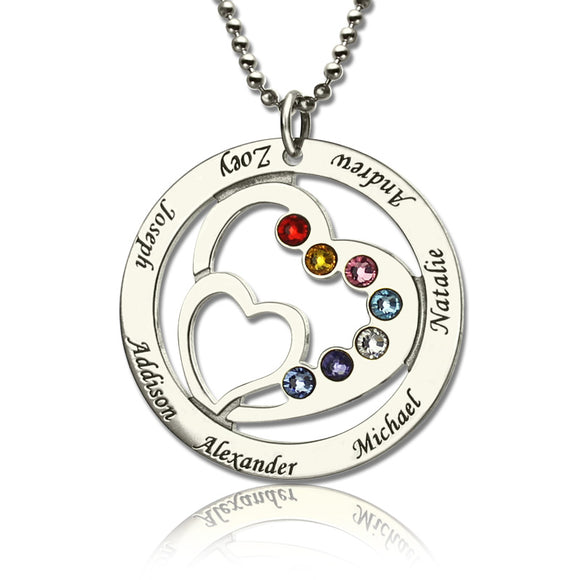 Personalized Heart in Heart Birthstone Name Necklace Silver