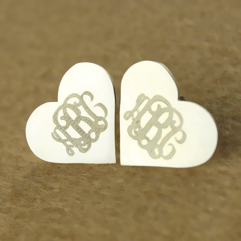 Heart Monogram Stud Earrings Sterling Silver