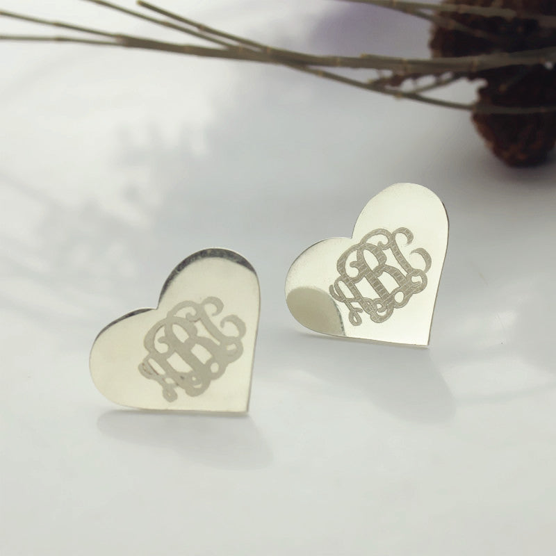 Heart Monogram Stud Earrings Sterling Silver