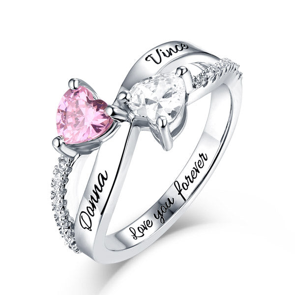 Engraved Two Heart Shaped CZ Ring In Silver