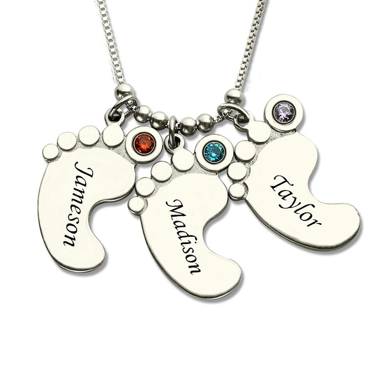 Personalized Mothers Necklace Baby Feet Charm
