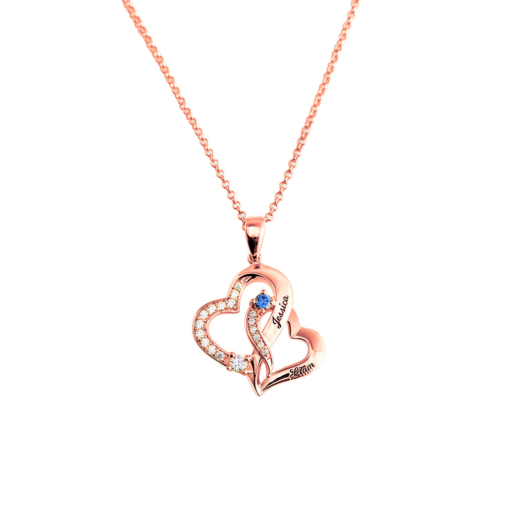 Double Heart with 2 Names and Birthstones Necklace Gift Card & Box Set