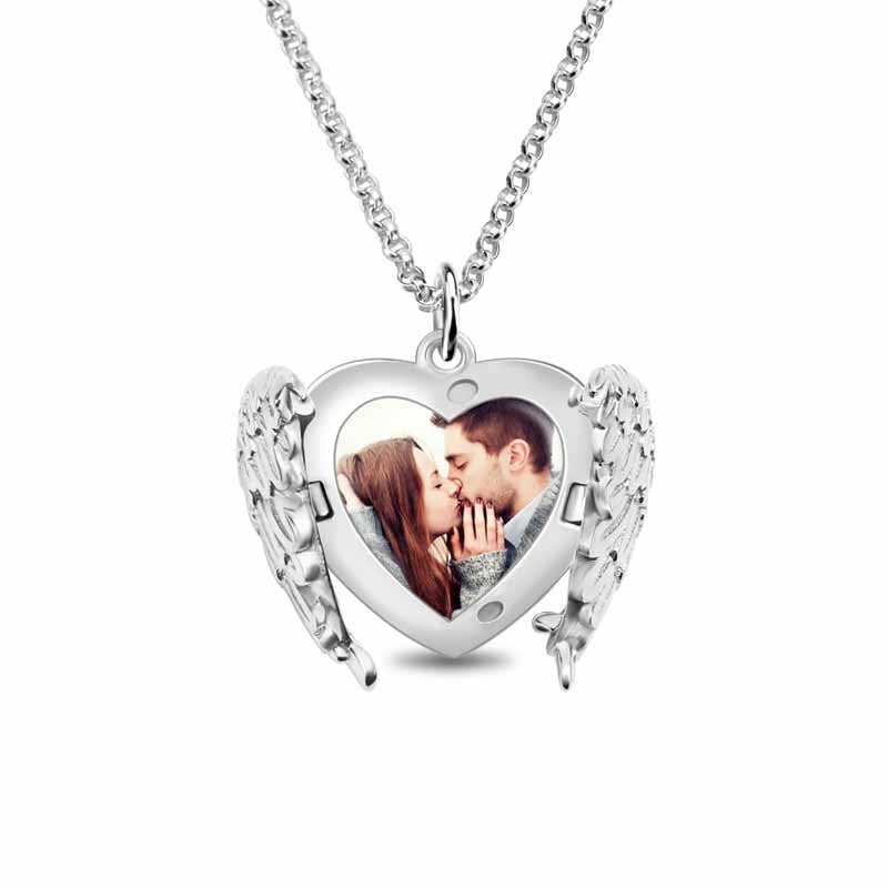 Engravable Angel Wings Sterling Silver Heart Photo Locket Necklace