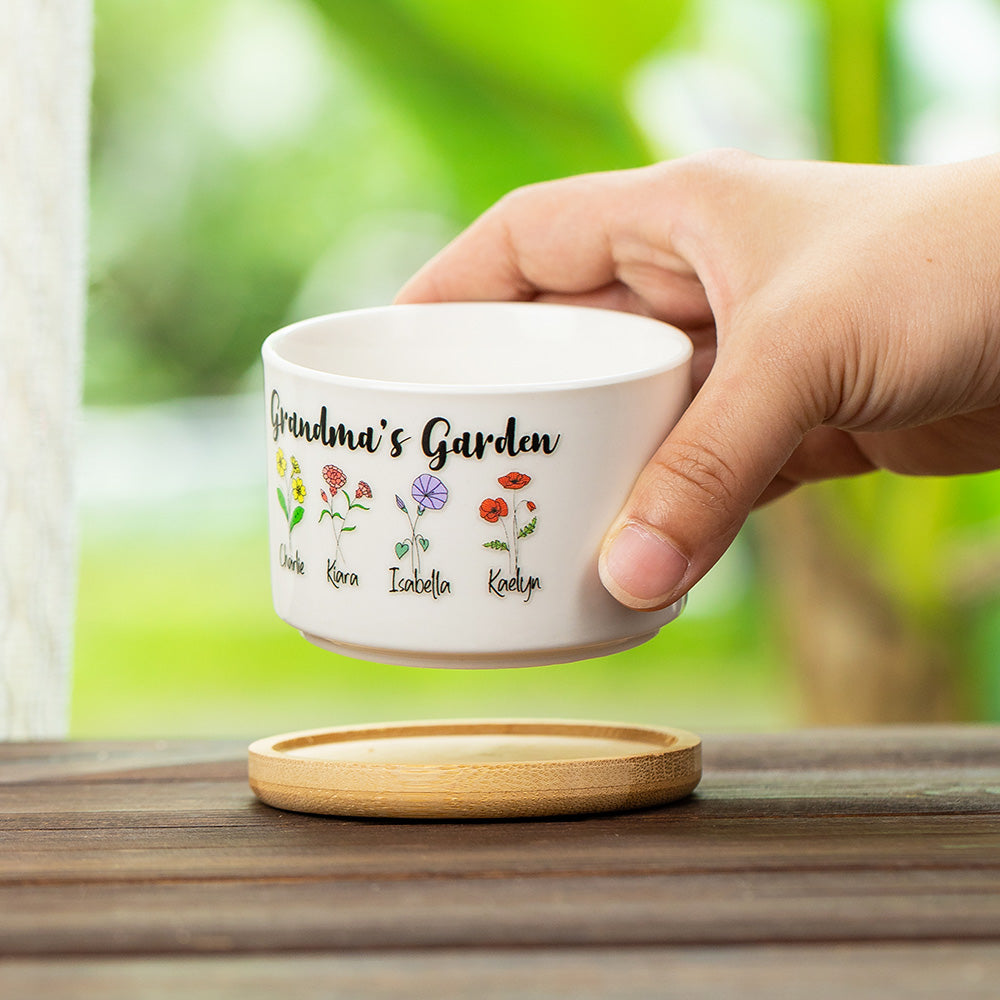 Personalized Ceramics Birth Flower Plant Pot Planter with Names Gift for Grandma Mom Small