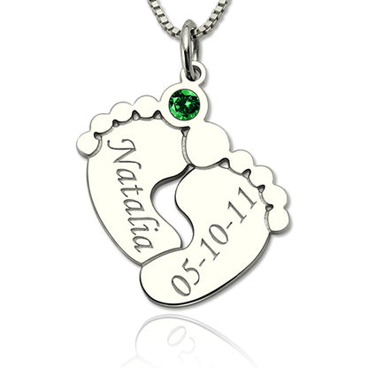 Silver Engraved Baby Feet Necklace with Personalized Birthstone