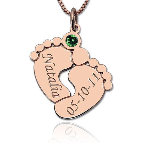 Silver Engraved Baby Feet Necklace with Personalized Birthstone