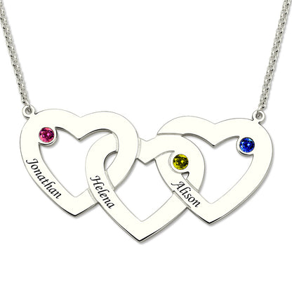 Intertwined 3 Hearts & Birthstones Name Necklace