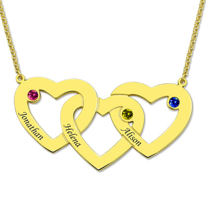 Intertwined 3 Hearts & Birthstones Name Necklace