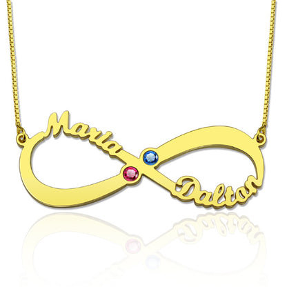 2 Names & Birthstones Infinity Love Necklace Sterling Silver