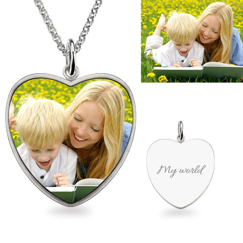 Heart Engraved Mom & Son Picture Necklace Sterling Silver