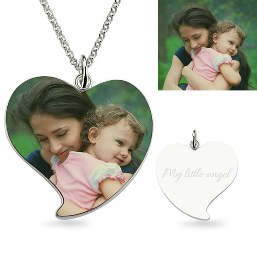 Engraved Heart Mom & Daughter Photo Necklace Sterling Silver