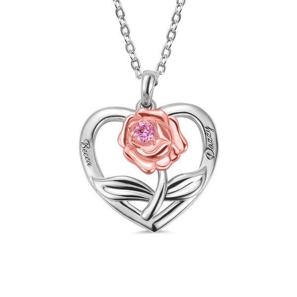 Personalized Rose Heart Necklace with Birthstone Sterling Silver