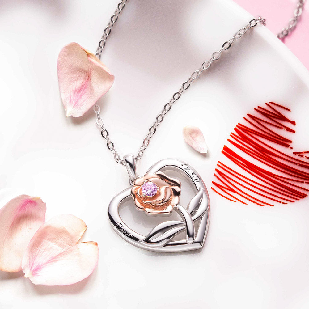 Personalized Rose Heart Necklace with Birthstone Sterling Silver