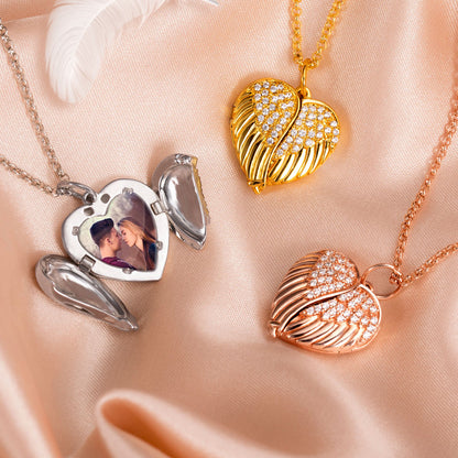 Personalized Angel Wings Heart Photo Locket Necklace Sterling Silver