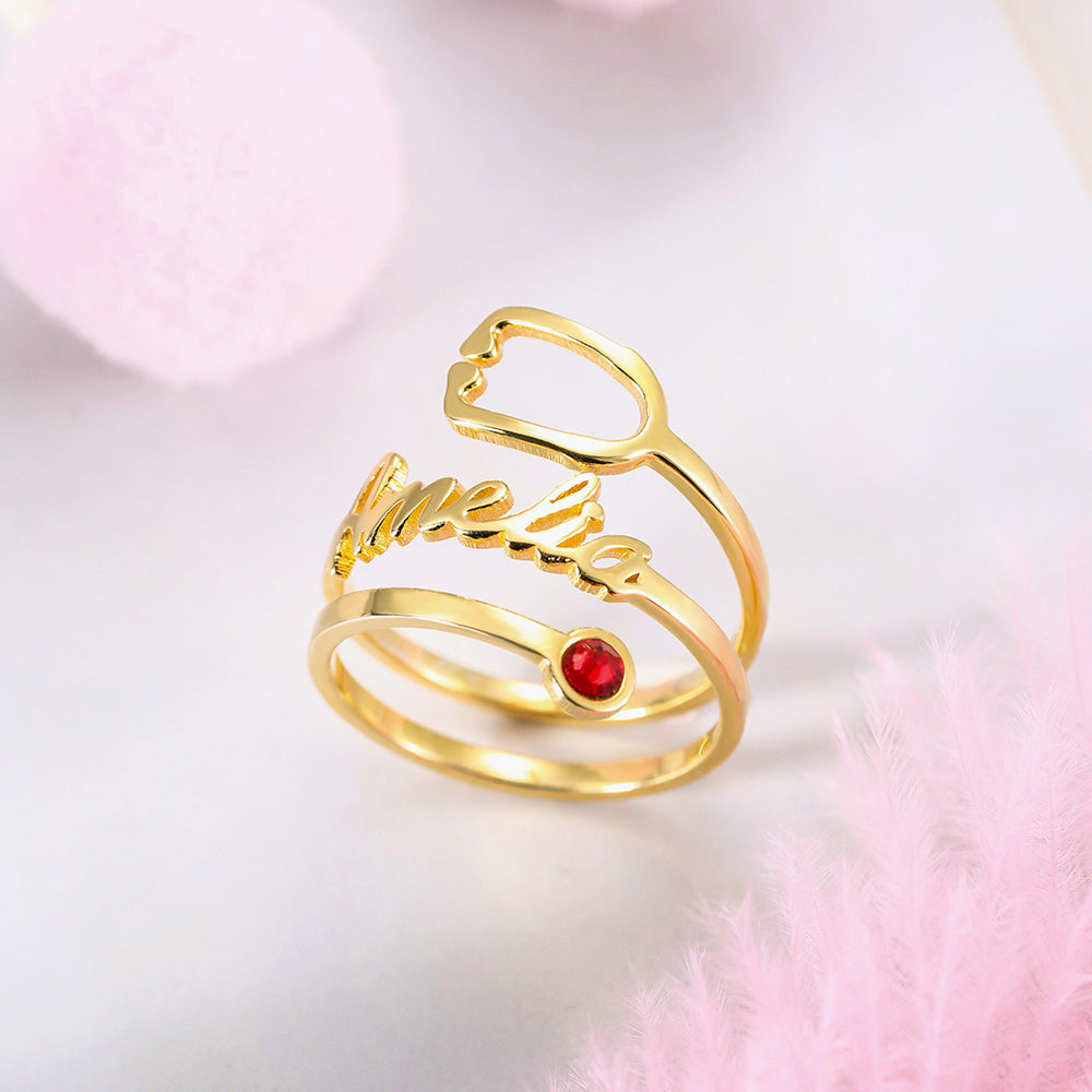 Personalized Name & Birthstone Stethoscope Ring