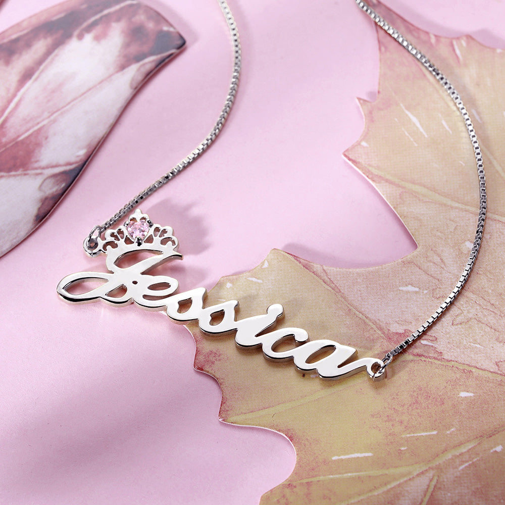 Personalized Crown Name Necklace with Birthstone in Silver