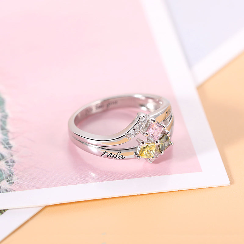Engraved Mother's Princess-Cut Birthstone Ring Sterling Silver