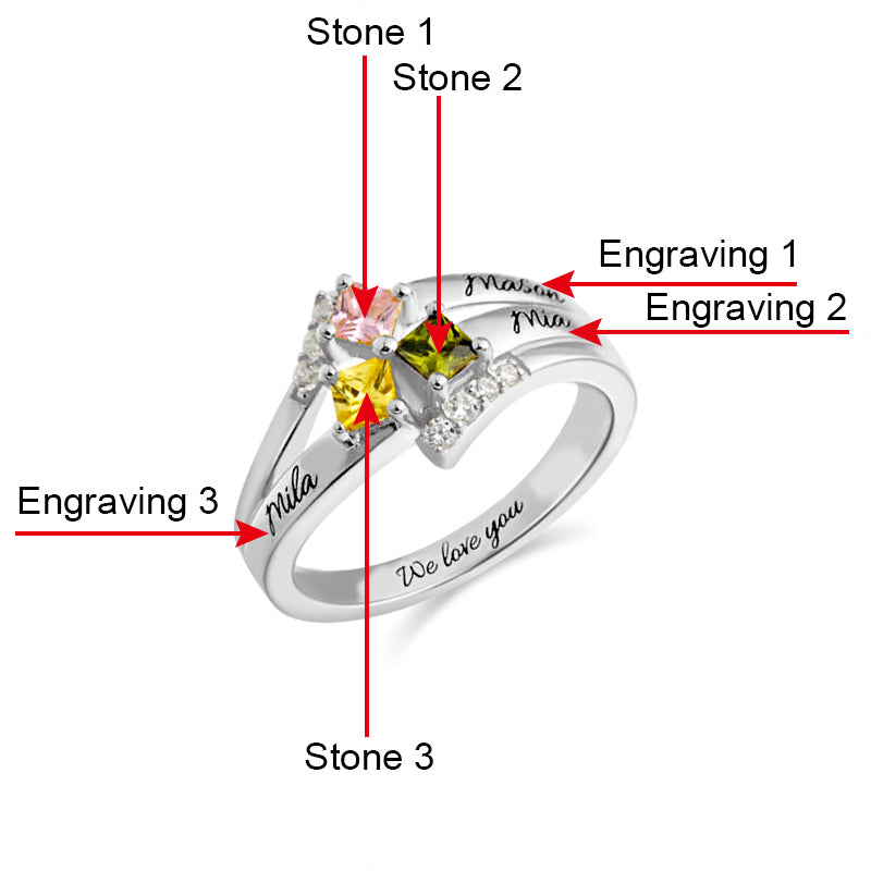 Engraved Mother's Princess-Cut Birthstone Ring Sterling Silver